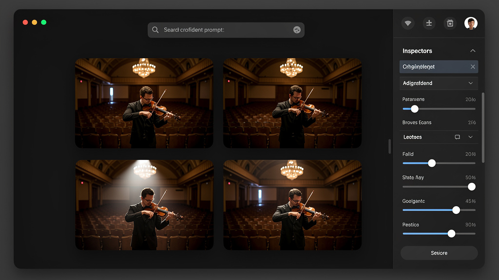 Solo musician tuning a violin in an empty concert hall