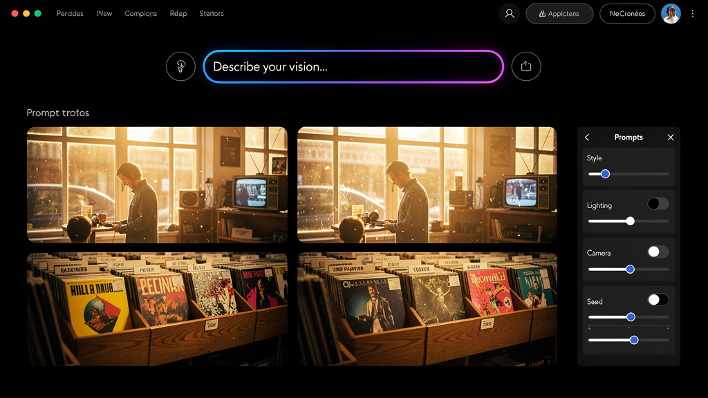 Editorial scene of a vintage record store at golden hour