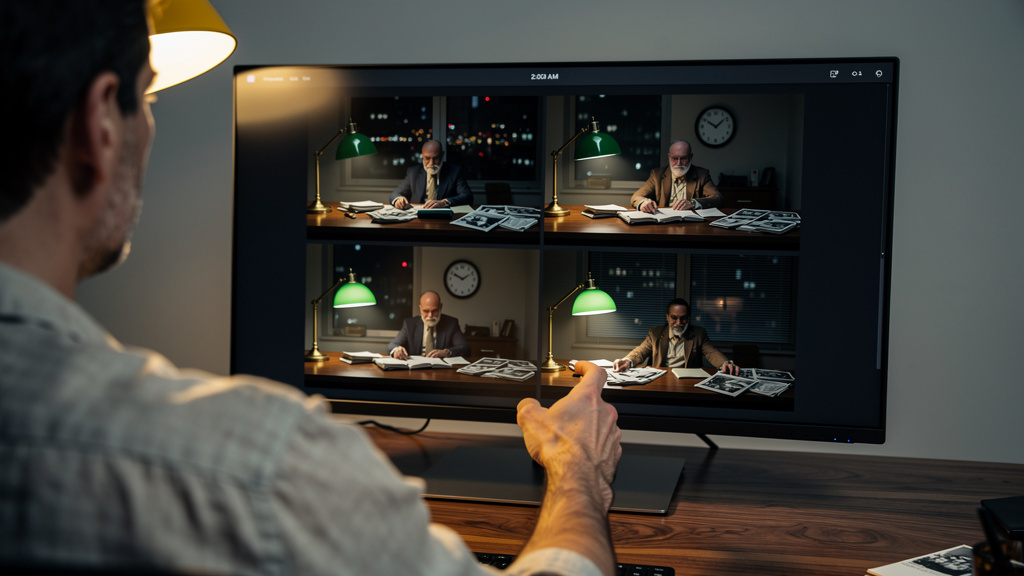 Detective in a smoky precinct office under green lamp light