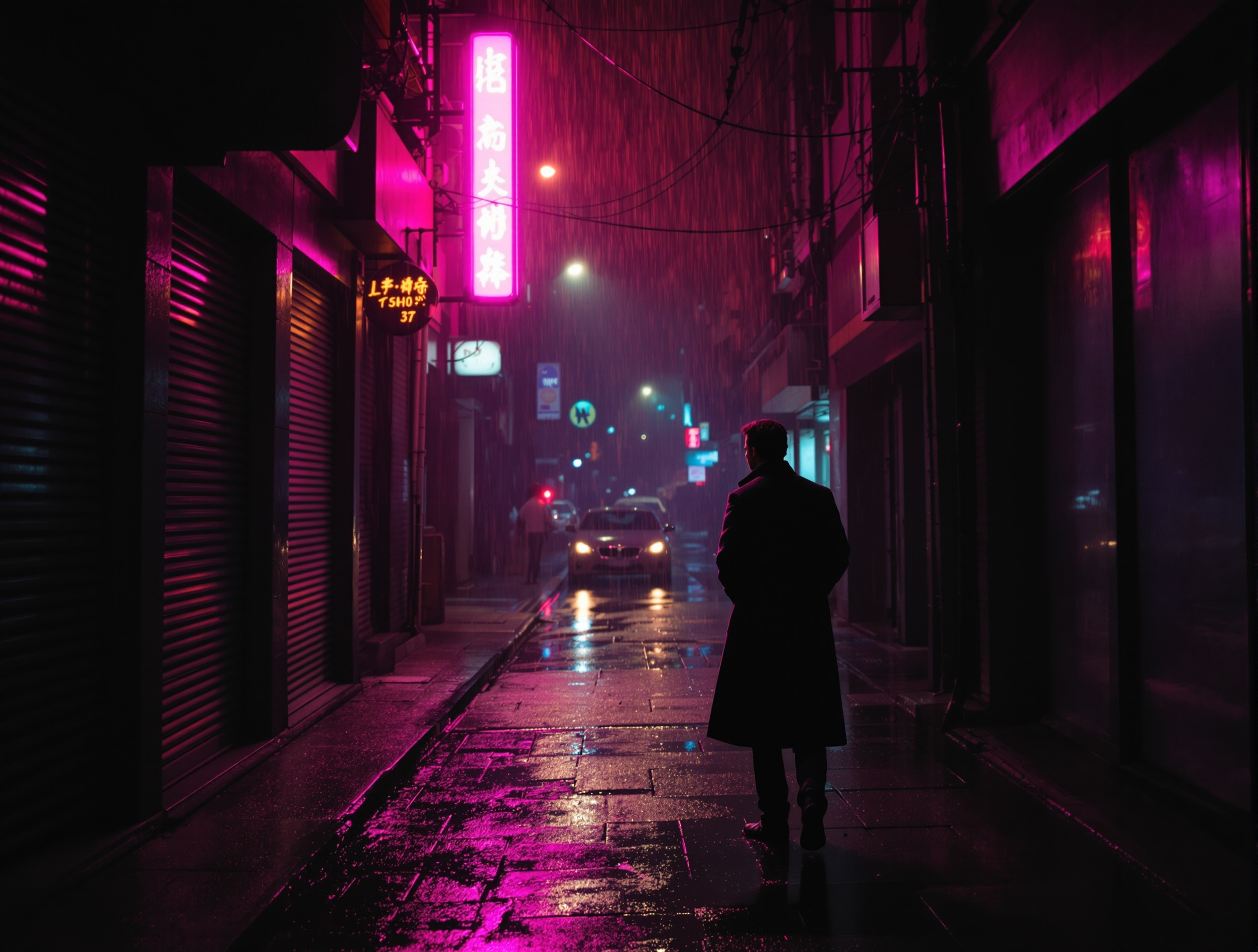 Cinematic film still — rainy Tokyo night