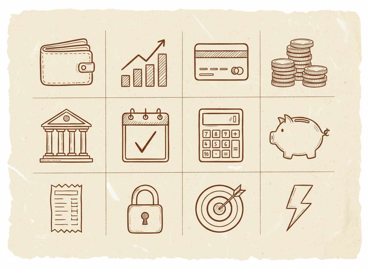 Hand-drawn icon set for a finance app